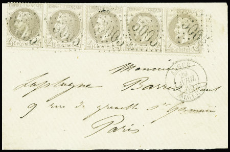 N°27, bande de 5 obl GC 5005 + CAD "Alger Algérie" (1865) sur lettre, sup