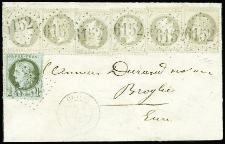 N°27, 6 pièces + n°50 obl GC 6152 + T17 "Quievy (57)" sur lettre. Rare et TB