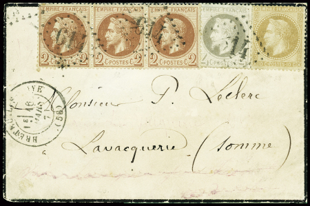 N°26, bande de 3 + 27 + 28 obl GC 614 + T17 "Breteuil-s-Noye (58)" (mars 71) sur lettre, AFF rare et TB