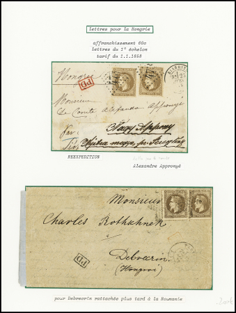 Destinations - 6 lettres : n°30, 2 pièces, obl GC 473 + T17 Biarritz (1872) sur devant de lettre pour la Hongrie. N°30 en paire obl étoile 22 Paris