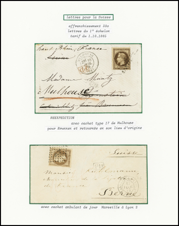 Destinations - 6 lettres : n°30, 2 pièces, obl GC 473 + T17 Biarritz (1872) sur devant de lettre pour la Hongrie. N°30 en paire obl étoile 22 Paris