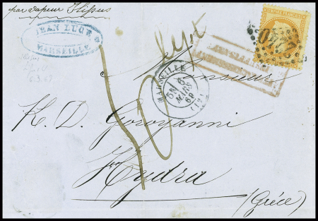 N°31 obl GC 2240 + T17 Marseille (1869) sur lettre pour Hydra (Grèce) avec taxe manuscrite 50 lepta. TB