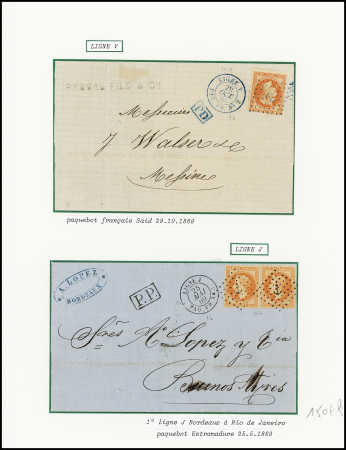 2 lettres : n°31 obl ancre bleue + CAD rond bleu "Ligne V PAQ. FR. N°2" (1869) sur lettre pour Messine et n°31 en paire obl ancre noire + CAD rond noir