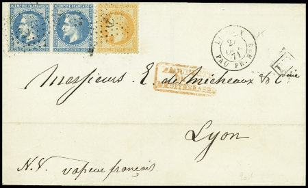 N°29 en paire + 31 obl ancre + CAD rond "Ligne X PAQ. FR. N°3" (1871) sur lettre pour Lyon transportée par le paquebot Niemen. TB