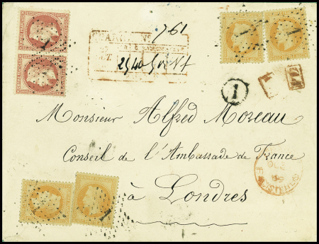 N°31, 4 pièces + n°32 en paire obl étoile 1 sur lettre chargée pour l'ambassade de France à Londres, sup