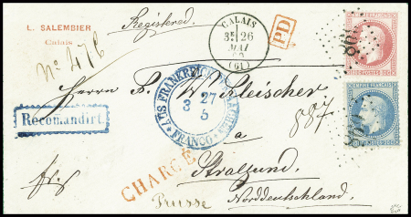 N°29 + 32 obl GC 698 + T16 "Calais (61)" (1869) sur lettre chargée pour Stralsund (Prusse), sup