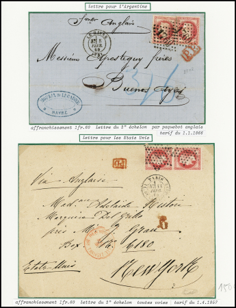 2 lettres : n°32 en paire obl GC 1769 + T17 "Le Havre (74)" (1869) sur lettre du 2e échelon pour Buenos Aires par paquebot anglais et n°32 en paire obl étoile