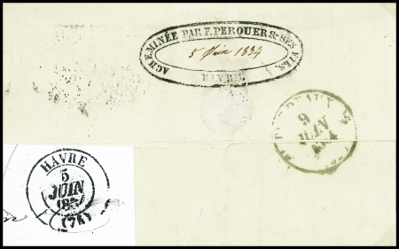 Lettre de Port au Prince pour Bordeaux avec au verso cachet ovale noir "acheminée par F.Perquer & ses fils Havre" (5 juin 1834). TB