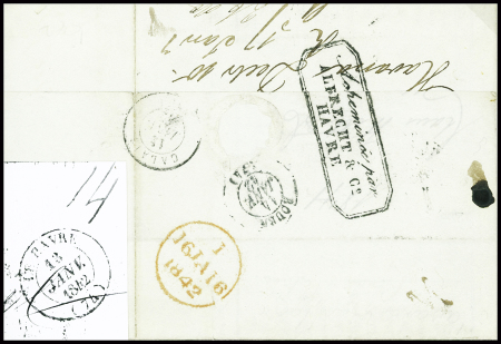 Lettre de la Havane (18.12.1841) pour Londres avec au verso cachet rect noir "acheminée par Albrecht & C° Havre". TB