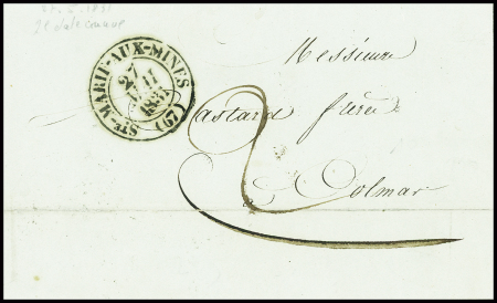 Lettre avec CAD erroné type 13 "Ste Marie aux Mines (67)" (27 mai 1831) au lieu de 66 + taxe 2 manuscrite, sup