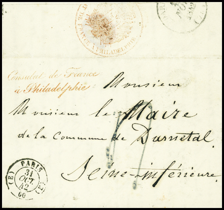 Lettre avec cursive rouge "Consulat de France à Philadelphie" acheminée par valise diplomatique jusqu'à Paris avec T15 "E Paris E 60" (1842)