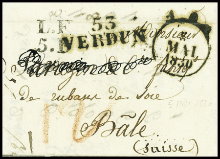 Lettre avec MP noire "53 Verdun" + dateur A (5 mai 1830) pour Bâle, association rare avant la mise en service du CAD de Verdun, sup