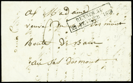 Lettre avec cachet d'essai rectangulaire "Rennes 34 22 fevrier 1828", ind 21, rare et sup