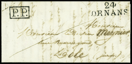 Lettre avec MP "24 Ornans" + "PP" encadré noir (6.6.1832) pour Dôle, association exceptionnelle de ces 2 marques. Sup