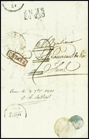 Lettre du 16.7.1831 pour le procureur de Sens avec MP "Deb 83 Sens", taxée par erreur, avec griffe rouge encadrée "Detaxe" (1831), rare et sup