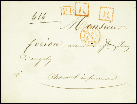 Lettre recommandée avec CAD rouge "*Paris* (60)" (1848) + "PP" et "R" encadrés rouges. Sup