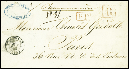 Lettre recommandée avec T15 rouge "Thionville (55)" (1849) + "R" et "PP" encadrés rouges. TB