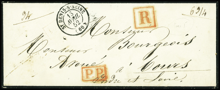 Lettre recommandée avec T15 "St Denis-s-Seine (60)" (1852) + "PP" et "R" encadrés rouges, sup