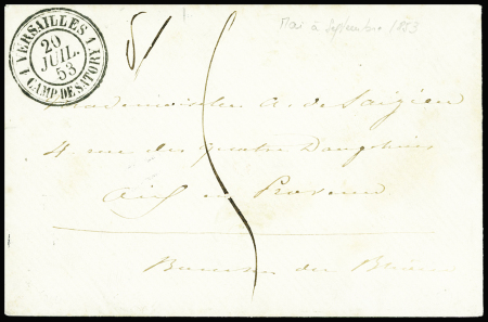 Lettre du 2ème échelon avec CAD "1 Versailles 1 Camp de Satory" (1853) + taxe 5 manuscrite, ind 29. RRR et sup