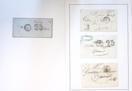 Collection de 61 plis de préphilatélie : lettre de compte. CAD d'entrée. Bateaux à vapeur. Tarifs. Taxes. Rebuts. TB