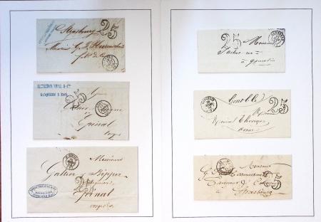 Collection de 61 plis de préphilatélie : lettre de compte. CAD d'entrée. Bateaux à vapeur. Tarifs. Taxes. Rebuts. TB