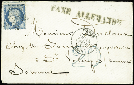 N°37 obl étoile muette + CAD "Paris (60)" (14 fev 71) sur lettre pour Saint Valery sur Somme avec griffe "taxe allemande" (62mm). TB