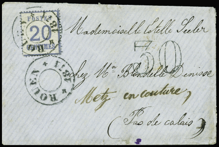 Alsace n°6 obl CAD provisoire "Rouen 1871" répété à côté sur lettre pour le Pas de Calais avec taxe 30 double-trait. TB