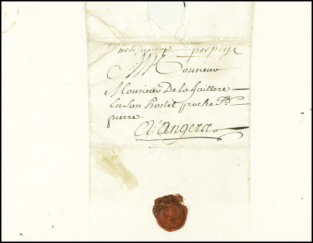 Lettre en port payé à Angers avec mention manuscrite de l'expéditeur au Houssay (Château-Gontier) le 21 septembre 1756 pour une assignation à comparaitre