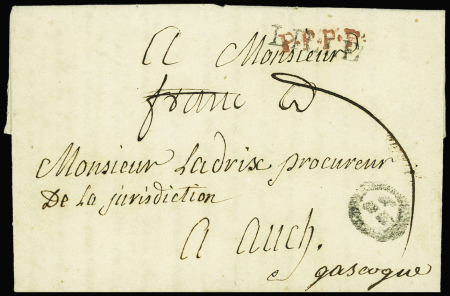 Lettre pour Auch avec petite marque ronde ornée de fleurs de lys "port payé de Lilkle" (L n°29), ind 30. RR