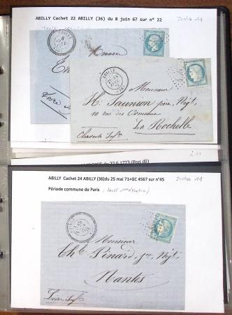 Album noir de 100 lettres classiques et marques postale d'Indre et Loire : Abilly (3) - Amboise (43) - Autreche (7) - Avoine (1) - Azay le Rideau (15)