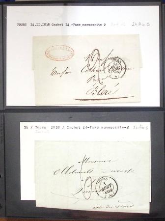 Album bleu de 82 lettres de Tours dont n°3 obl grille + T15 et n°32 + 38 obl GC 3997 sur lettre pour New York (1872) et n°38 + 79 obl T17 (mixte Cérès-Sage)