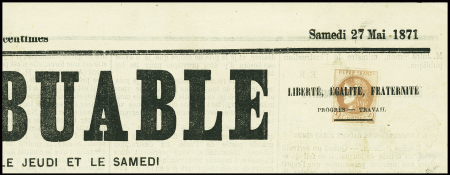 N°40B, 2c brun-rouge obl typographique sur journal "Le Contribuable" édité à Rochefort (27 mai 1871). TB. Cote 4000€