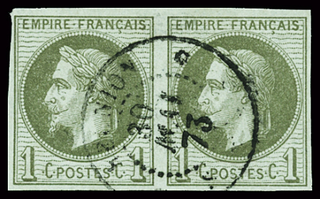 N°7 1c vert-olive, en paire cad perlé 30 MAI 73, TB