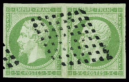 Col. Gén. N°8 5c vert-jaune, en paire obl. losange