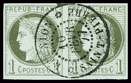 Col. Gén. N°14 1c vert-olive, en paire, obl. cad Réunion