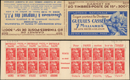 N°813-C1 Gandon, 15f rouge, n°813b, T II, S. 2, GUEULES CASSEES, daté 10/5/50, TB