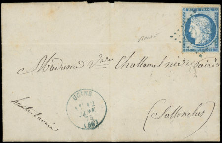 N°60C 25c bleu, T III, obl. GC 4049 s. LAC, càd T16 UGINE 12/1/75, le tout en BLEU, TTB