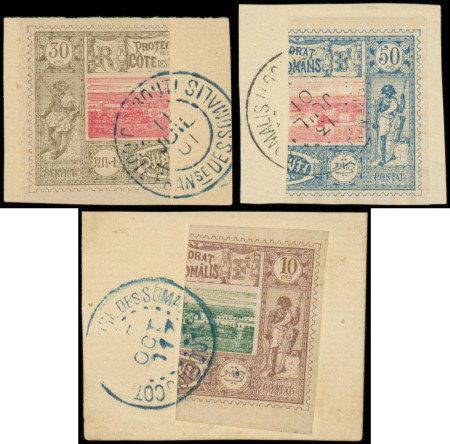 N°10c, 13c et 15c : MOITIES de 10c., 30c. et 50c., obl. s. 3 fragts, TB