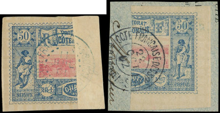 N°15c 50c bleu et rose, MOITIE droite et MOITIE gauche du t. obl. s. 2 fragts, TB