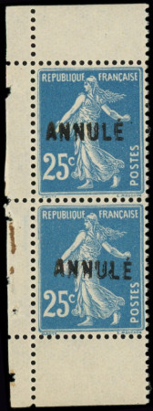 N°140-CI 3 Semeuse Camée, 25c bleu, T II, PAIRE verticale de carnet, surch. ANNULE, neuf **, TB