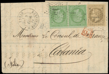 N°20 PAIRE et 30 obl. Etoile 15 s. LAC, càd R. Bonaparte 2/2/72, passage NAPOLI et arr. CATANIA 8/2, affrt et destination peu courants, TTB