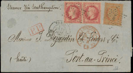 N°32 PAIRE et 38 obl. Etoile 4 s. LAC, càd Rue d'Enghien 31/1/72, passage LONDON 1/2 pour PORT au PRINCE, TTB