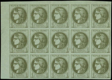 N°39C 1c olive, R III, BLOC REPORT de 15, petit cdf, neuf ** (5 ex. *), TB