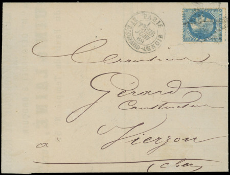 N°29Bb 20c bleu, T II, "A LA CORNE", obl. Etoile s. LAC, càd PARIS 23/6/69, arr. VIERZON 24/6, TB