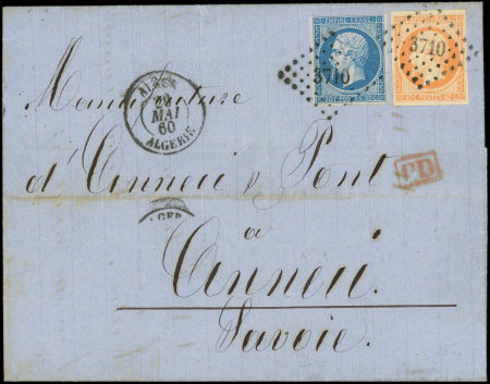 N°14A et 16, 20c bleu T I et 40c orange obl. PC 3710 s. LAC, càd ALGER 29/5/60, arr. càd Sarde ANNECY 2/6, Superbe