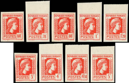 N°634/45 (sf. 639/41), Marianne, ESSAIS de COULEUR NON DENTELES en rouge-orange, * et **, 60c., 80c. et 3f. (*), TB, cote Maury