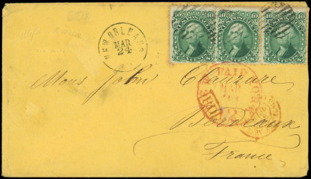 N°22 10c vert, 3 ex. obl. sur Env., càd NEW-ORLEANS 24/3, arr. BORDEAUX le 13/4, TB