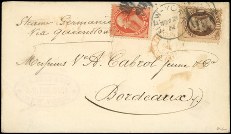 N°43 + 44 : 7c et 10c obl. s. Env., càd NEW-YORK 21/11/(79), arr. Bordeaux 4/12/79, TB. Signé Calves