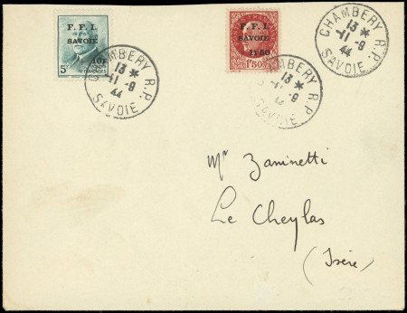 CHAMBERY N°1 et 2 1f50 et 5f. obl. CHAMBERY 11/8/44 s.