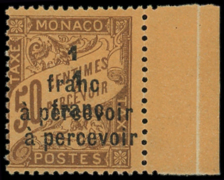 TAXE N°17a 1f s. 50c brun s. orange, bdf, DOUBLE surcharge, neuf *, 1 point de pelurage sinon TB